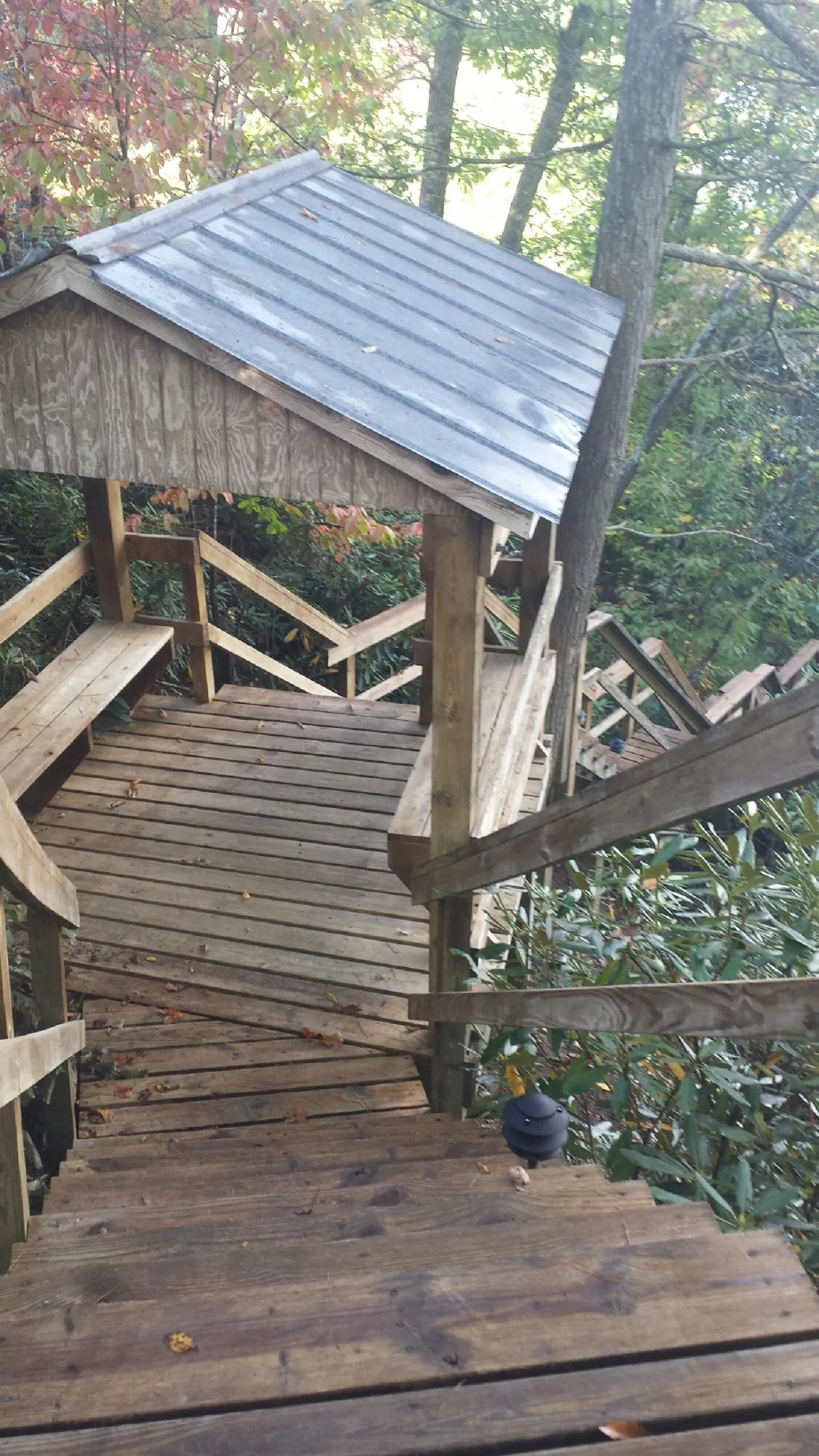 Metal roofed shelter over wooden steps on a wooded walkway — Skylight Repair & Installation work by our crew in Bedrock